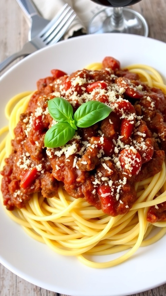 Spaghetti with Beef Bolognese sauce, garnished with Parmesan and basil on a rustic table.